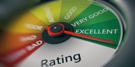 An illustration of a rating meter showing grades from bad to excellent, with the pointer indicating excellent.