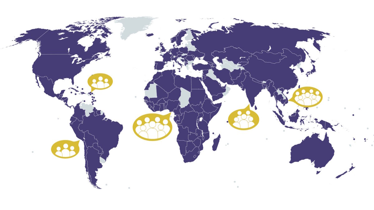 World map illustrating the Global Health E-Learning site model where participants are in the same geographic location.